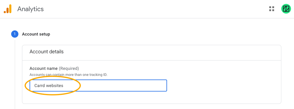 Screenshot Google Analytics, Account creation, Account name