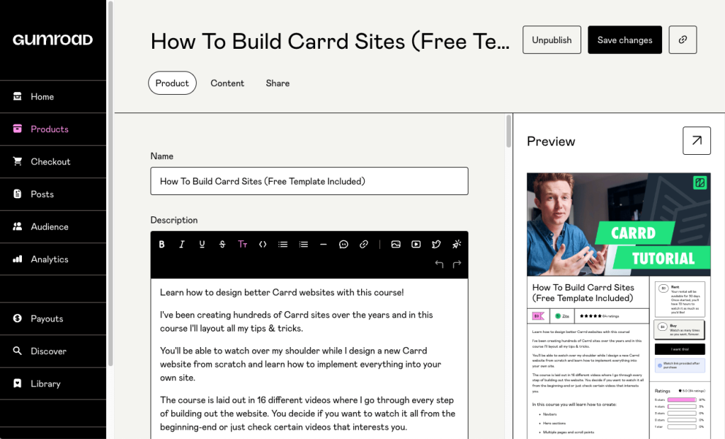 Gumroad ecommerce product editor screenshot