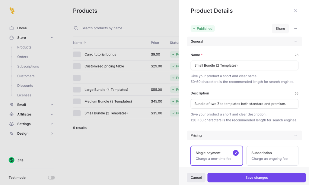 Lemon Squeezy ecommerce product editor screenshot