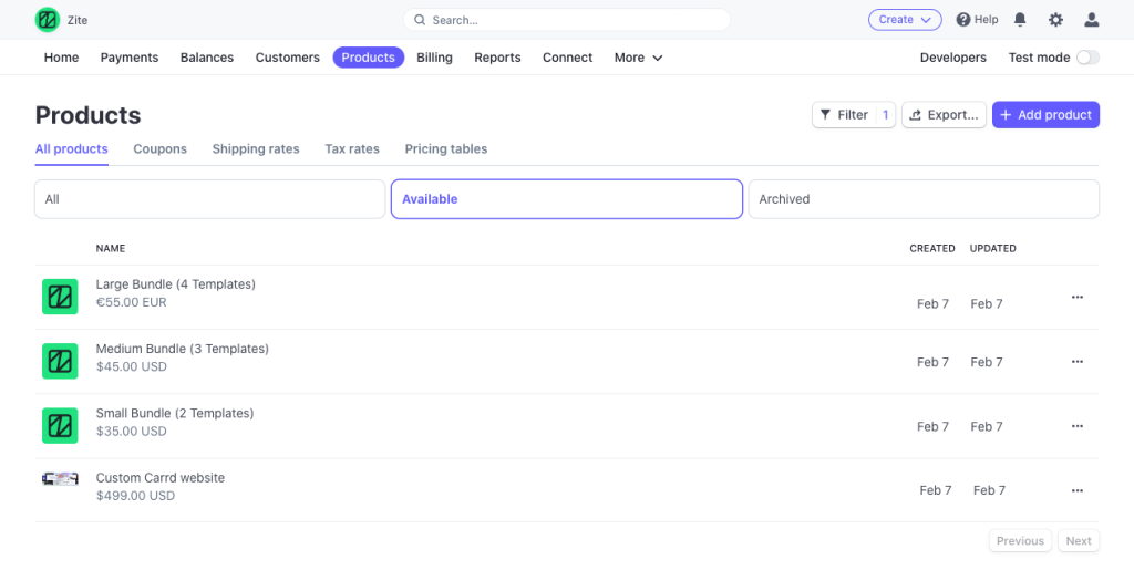 Stripe ecommerce product editor screenshot